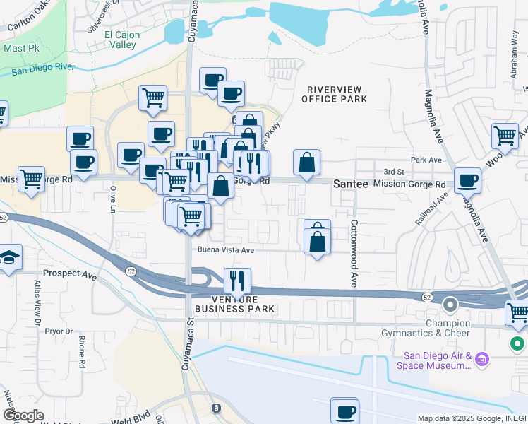 map of restaurants, bars, coffee shops, grocery stores, and more near 8832 Tamberly Court in Santee