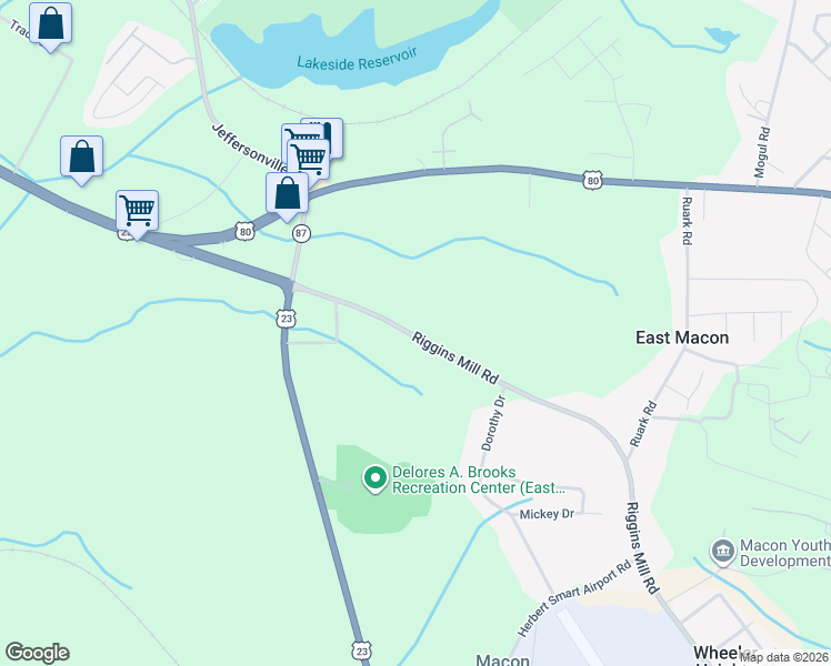 map of restaurants, bars, coffee shops, grocery stores, and more near 3340 Riggins Mill Road in Macon