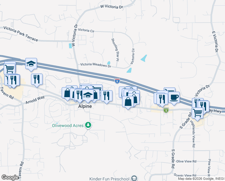 map of restaurants, bars, coffee shops, grocery stores, and more near 2400 Alpine Boulevard in Alpine