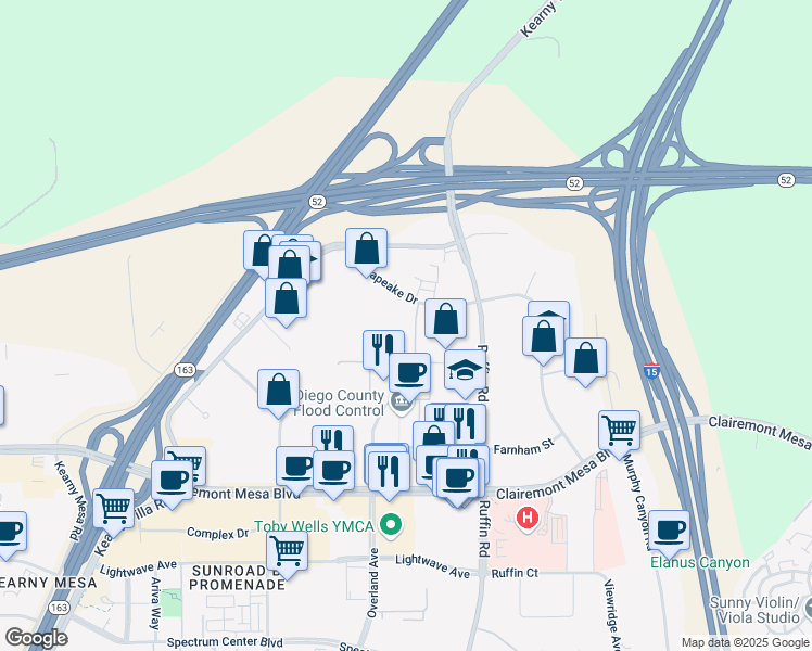 map of restaurants, bars, coffee shops, grocery stores, and more near 5600 Overland Avenue in San Diego