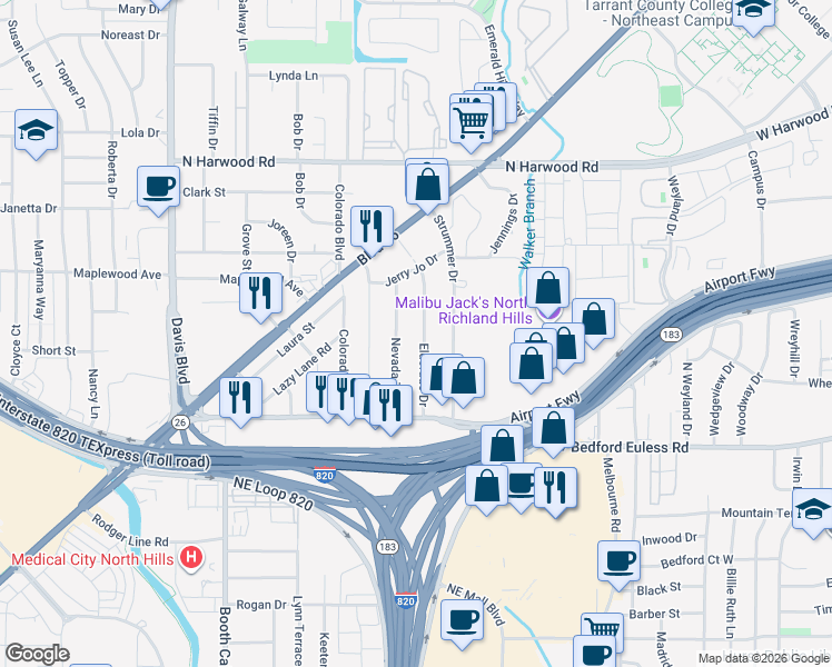 map of restaurants, bars, coffee shops, grocery stores, and more near 4912 Eldorado Drive in Fort Worth