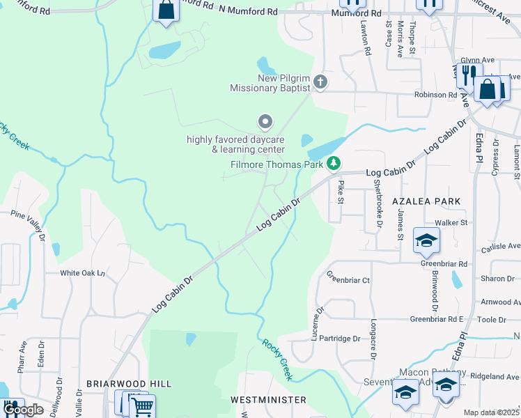 map of restaurants, bars, coffee shops, grocery stores, and more near 102 Emily Street in Macon