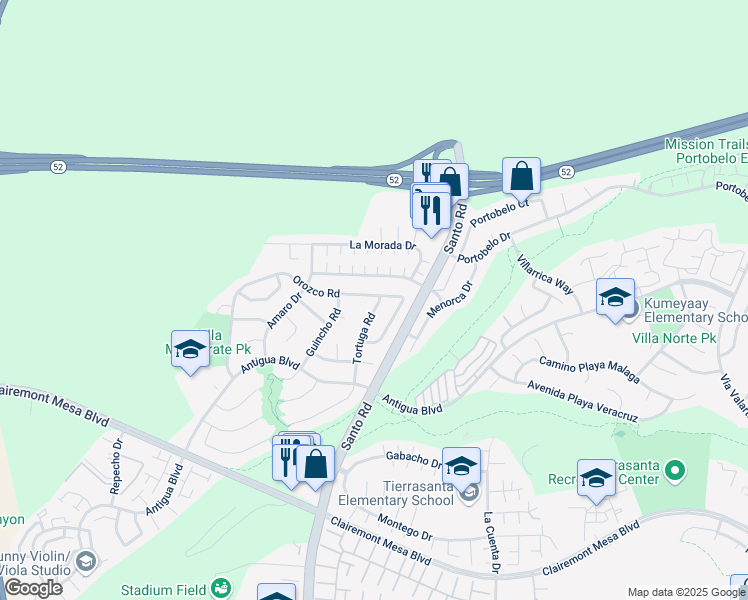 map of restaurants, bars, coffee shops, grocery stores, and more near 5766 Avenida Sanchez in San Diego