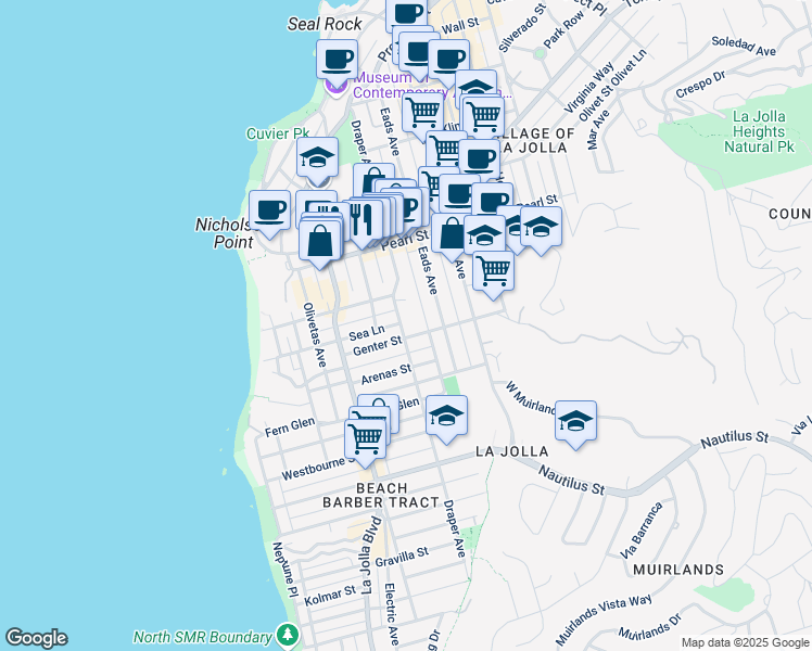 map of restaurants, bars, coffee shops, grocery stores, and more near 630 Genter Street in San Diego
