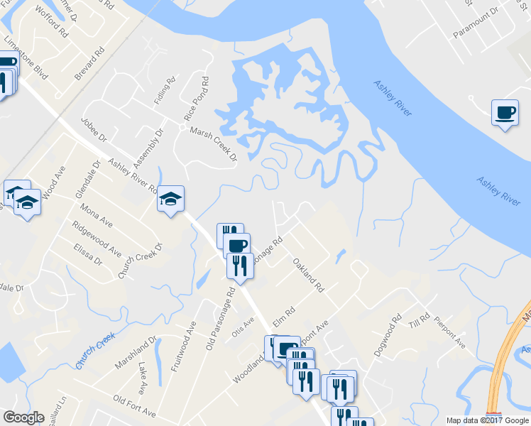 map of restaurants, bars, coffee shops, grocery stores, and more near 2245 Parsonage Road in Charleston
