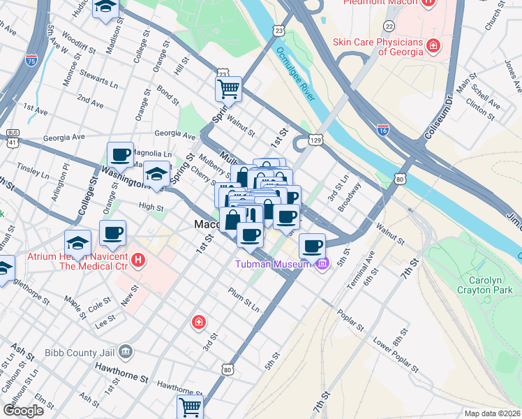 map of restaurants, bars, coffee shops, grocery stores, and more near 606 Cherry Street in Macon