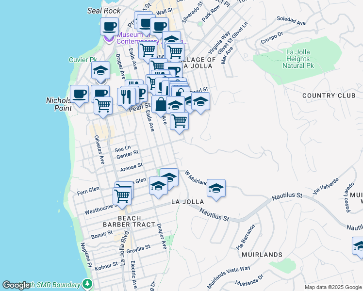map of restaurants, bars, coffee shops, grocery stores, and more near 935 Genter Street in La Jolla