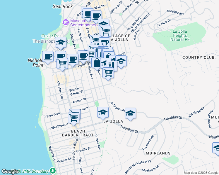 map of restaurants, bars, coffee shops, grocery stores, and more near 935 Genter Street in San Diego