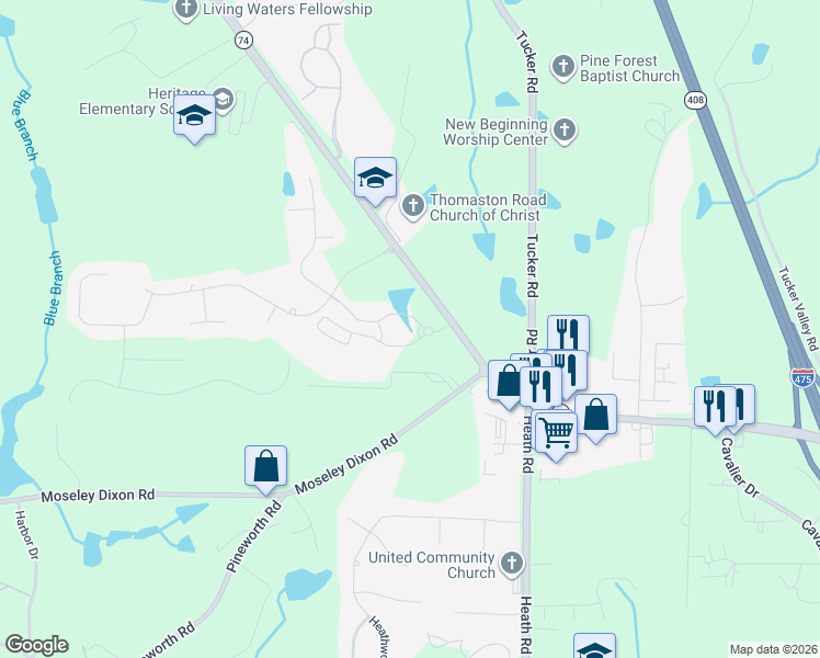 map of restaurants, bars, coffee shops, grocery stores, and more near 5744 Thomaston Road in Macon