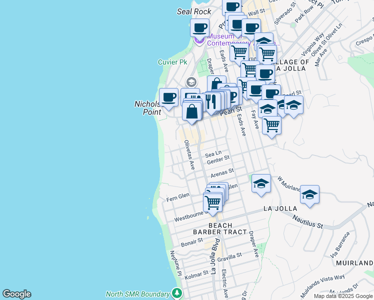 map of restaurants, bars, coffee shops, grocery stores, and more near 7344 Olivetas Avenue in San Diego