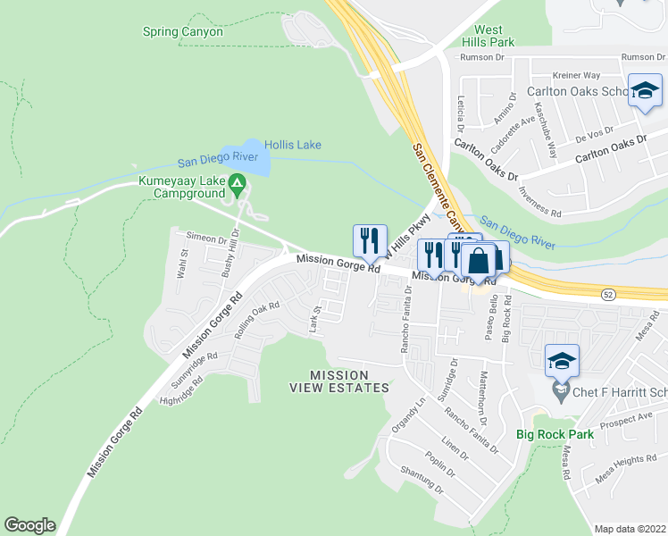 map of restaurants, bars, coffee shops, grocery stores, and more near 1915 Bassett Lane in Santee
