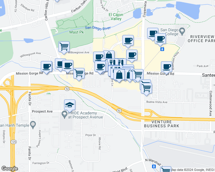 map of restaurants, bars, coffee shops, grocery stores, and more near 9534 Via Zapador in Santee