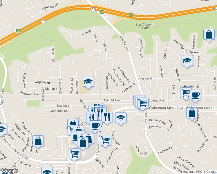 map of restaurants, bars, coffee shops, grocery stores, and more near 5020 Caywood Street in San Diego