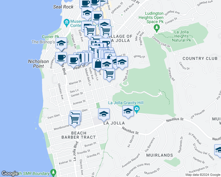 map of restaurants, bars, coffee shops, grocery stores, and more near 7159 Fay Avenue in San Diego