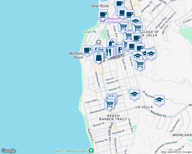 map of restaurants, bars, coffee shops, grocery stores, and more near 438 Sea Lane in San Diego