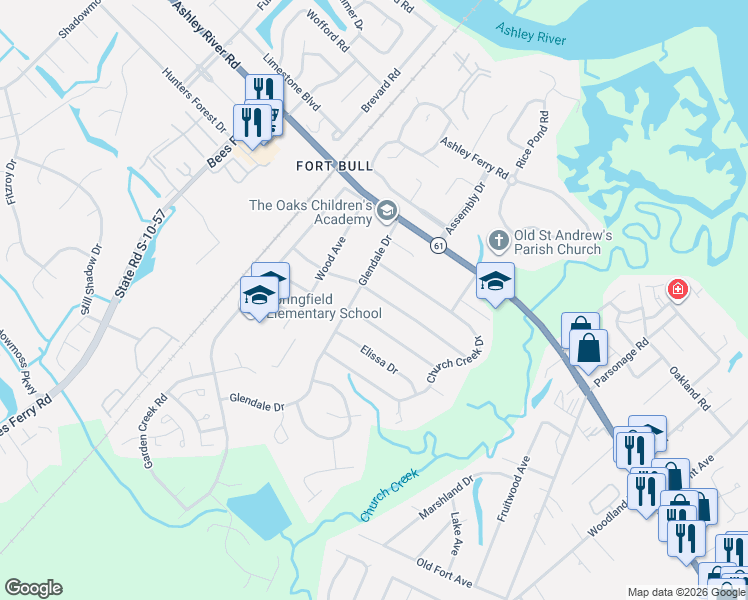 map of restaurants, bars, coffee shops, grocery stores, and more near 2646 Ridgewood Avenue in Charleston