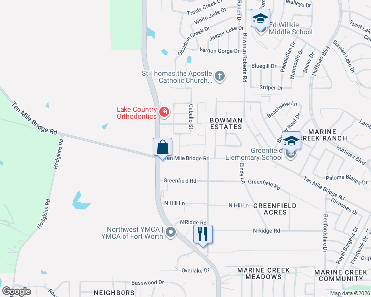 map of restaurants, bars, coffee shops, grocery stores, and more near 6332 Ten Mile Bridge Road in Fort Worth