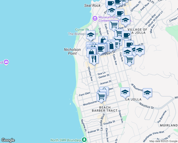 map of restaurants, bars, coffee shops, grocery stores, and more near 7344 Olivetas Avenue in San Diego