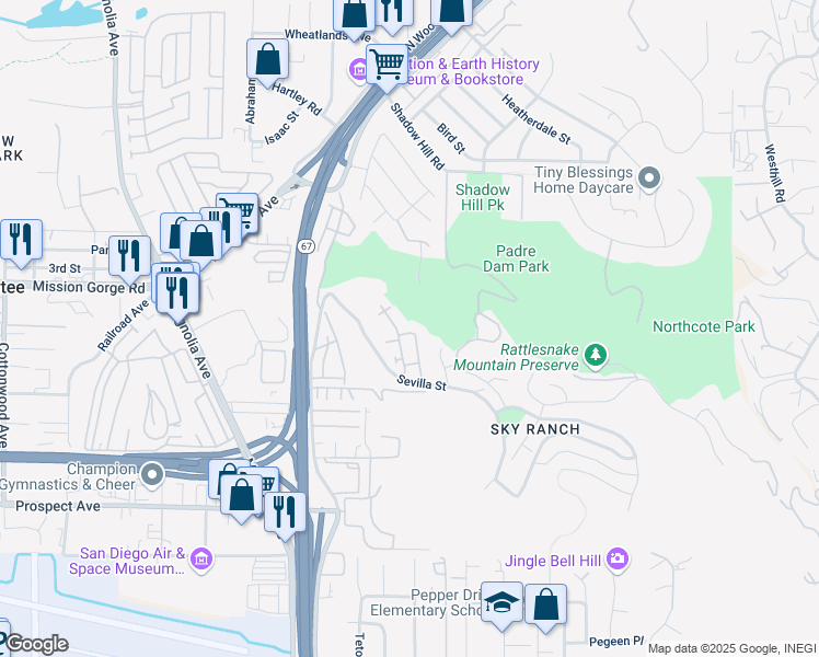 map of restaurants, bars, coffee shops, grocery stores, and more near 1711 Montilla Drive in Santee
