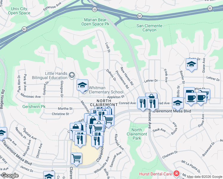 map of restaurants, bars, coffee shops, grocery stores, and more near 5020 Caywood Street in San Diego