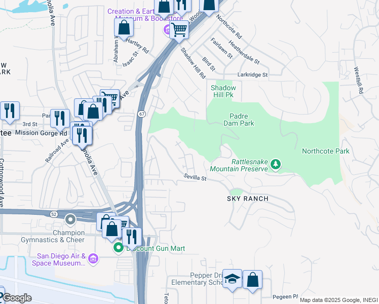 map of restaurants, bars, coffee shops, grocery stores, and more near 1705 Montilla Street in Santee