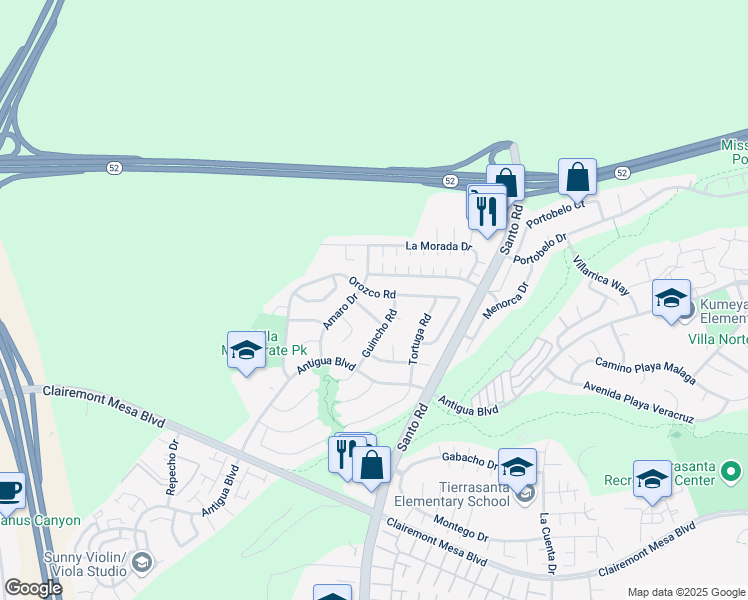 map of restaurants, bars, coffee shops, grocery stores, and more near 10378 La Duena Way in San Diego