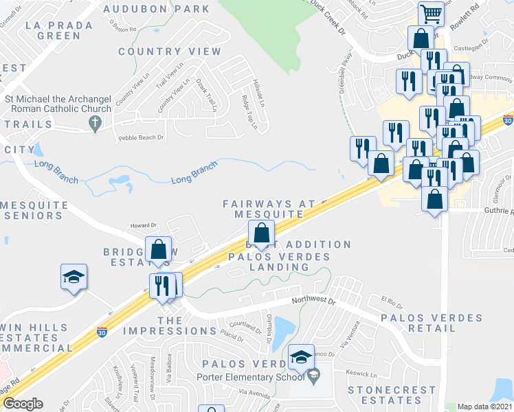 map of restaurants, bars, coffee shops, grocery stores, and more near U.S. 80 in Mesquite