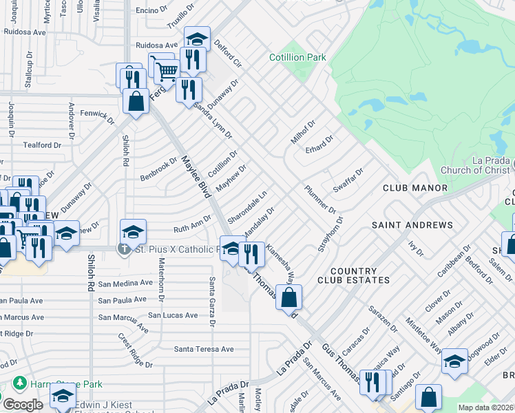 map of restaurants, bars, coffee shops, grocery stores, and more near 10858 Mandalay Drive in Dallas
