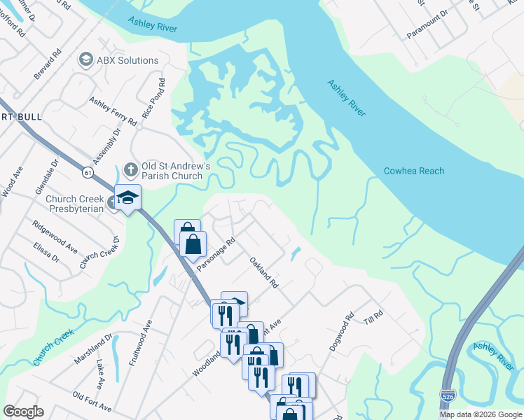 map of restaurants, bars, coffee shops, grocery stores, and more near 2272 Parsonage Road in Charleston