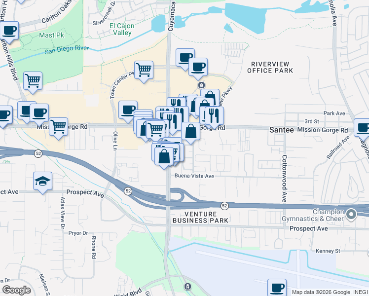 map of restaurants, bars, coffee shops, grocery stores, and more near 9846 Mission Viejo Court in Santee