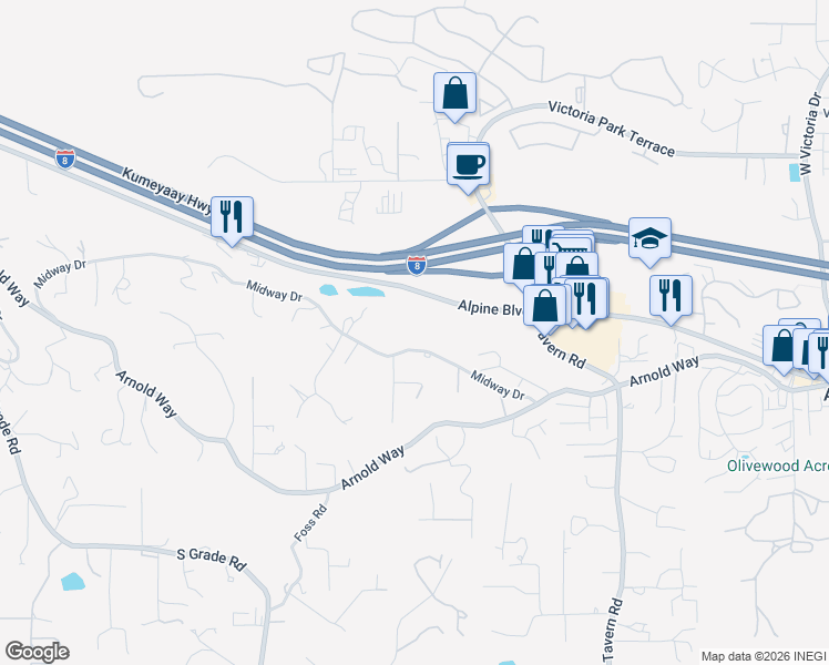map of restaurants, bars, coffee shops, grocery stores, and more near 1460 Midway Drive in Alpine