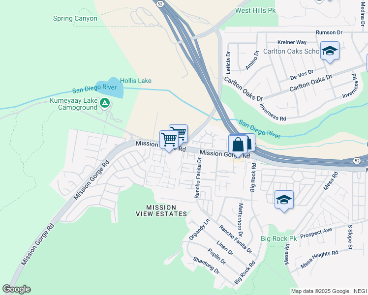 map of restaurants, bars, coffee shops, grocery stores, and more near Mission Gorge Road & West Hills Parkway in Santee