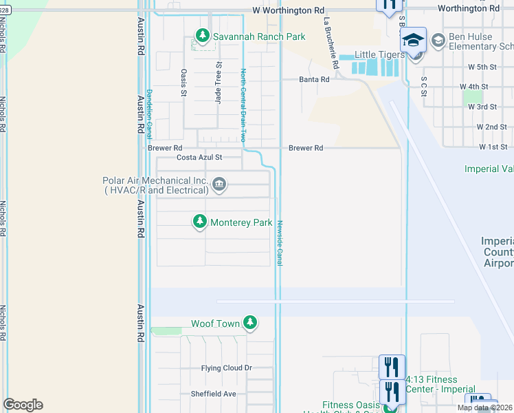 map of restaurants, bars, coffee shops, grocery stores, and more near 660 Las Lomas Street in Imperial