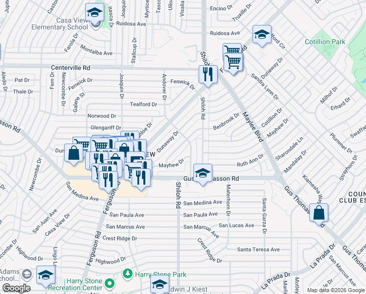 map of restaurants, bars, coffee shops, grocery stores, and more near 2747 Mayhew Drive in Dallas