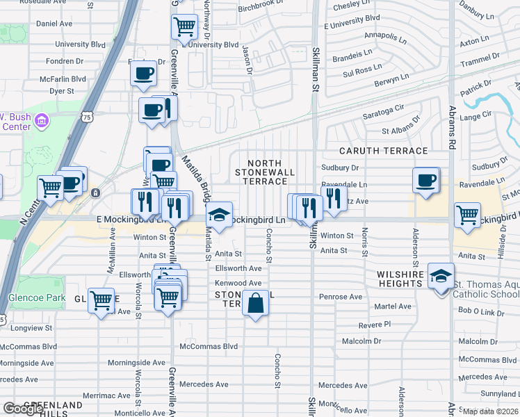 map of restaurants, bars, coffee shops, grocery stores, and more near in Dallas