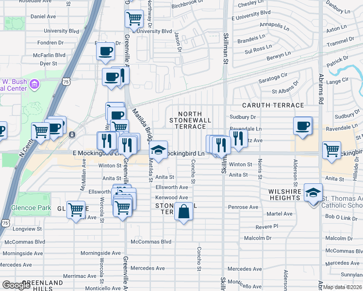 map of restaurants, bars, coffee shops, grocery stores, and more near in Dallas