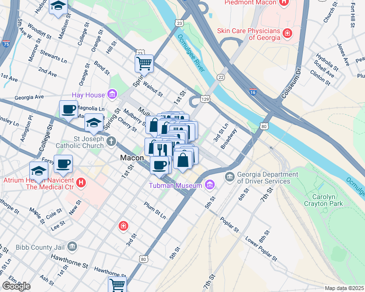 map of restaurants, bars, coffee shops, grocery stores, and more near 552 Mulberry Street in Macon