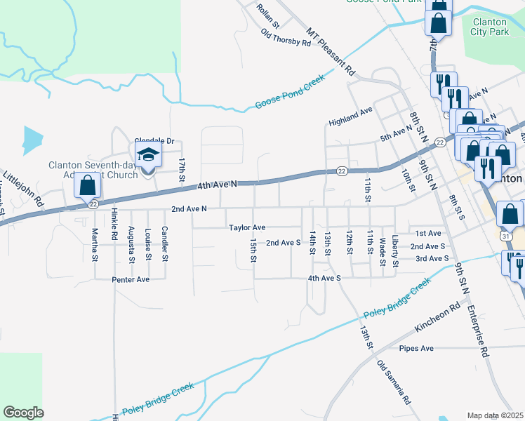 map of restaurants, bars, coffee shops, grocery stores, and more near 1407 2nd Avenue North in Clanton