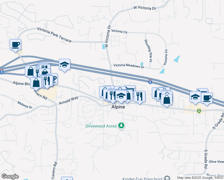 map of restaurants, bars, coffee shops, grocery stores, and more near 2137 Alpine Glen Place in Alpine