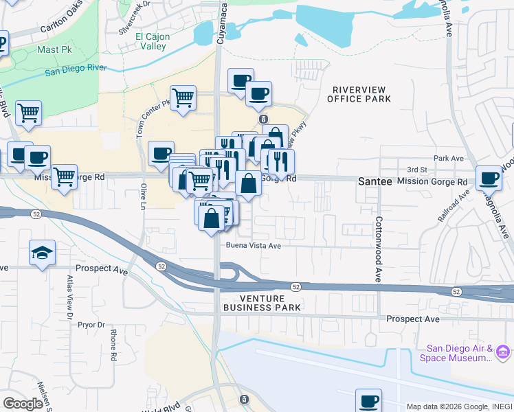map of restaurants, bars, coffee shops, grocery stores, and more near 9855 Mission Viejo Court in Santee
