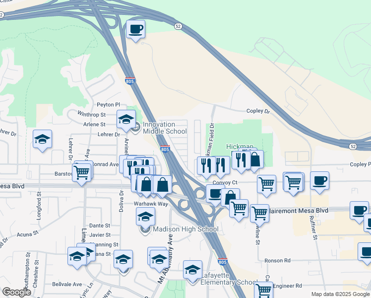 map of restaurants, bars, coffee shops, grocery stores, and more near 6460 Convoy Court in San Diego