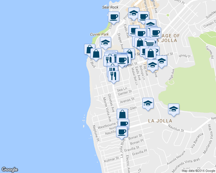 map of restaurants, bars, coffee shops, grocery stores, and more near 438 Sea Lane in San Diego