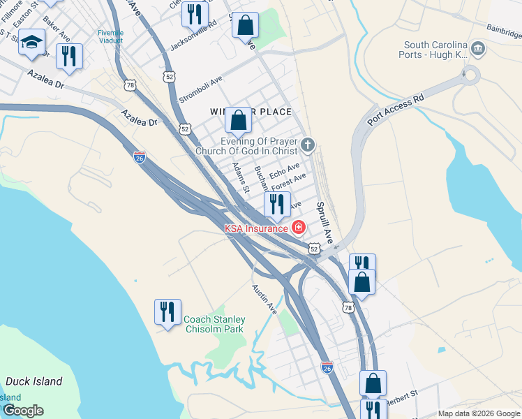 map of restaurants, bars, coffee shops, grocery stores, and more near 2230 Meeting Street Road in North Charleston