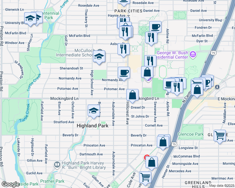 map of restaurants, bars, coffee shops, grocery stores, and more near 3437 Mockingbird Lane in Dallas