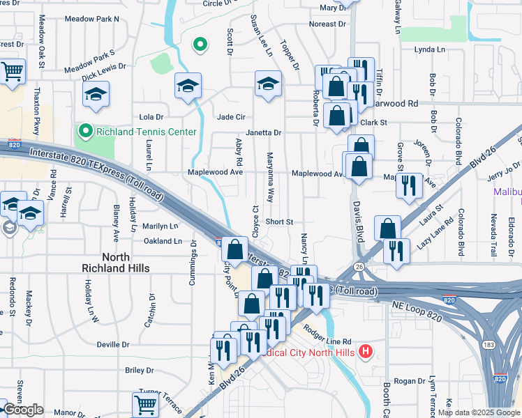 map of restaurants, bars, coffee shops, grocery stores, and more near 4901 Maryanna Way in North Richland Hills