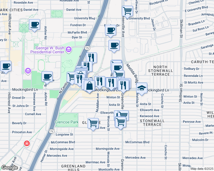 map of restaurants, bars, coffee shops, grocery stores, and more near 5555 East Mockingbird Lane in Dallas