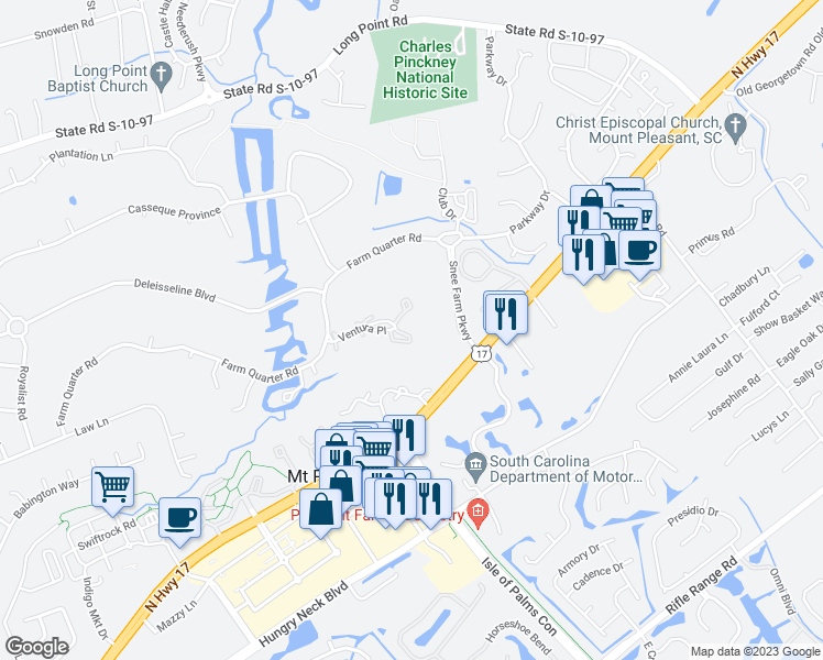 map of restaurants, bars, coffee shops, grocery stores, and more near 505 Ventura Place in Mount Pleasant