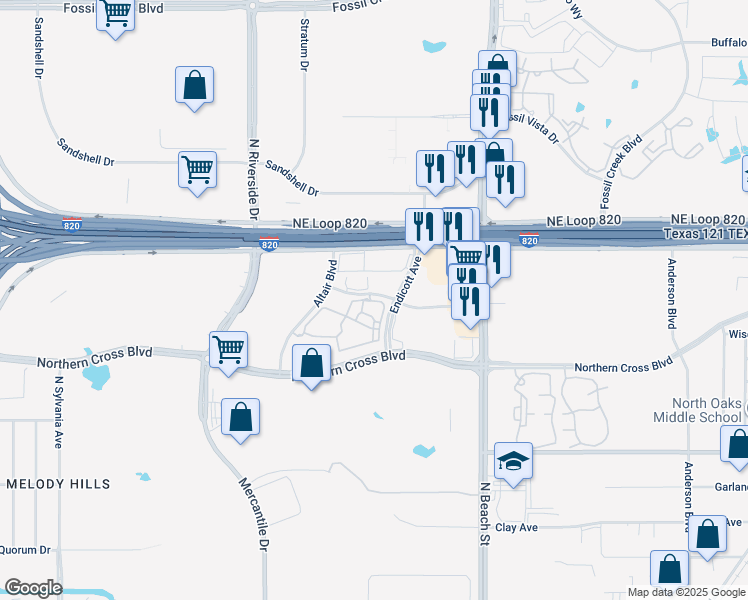 map of restaurants, bars, coffee shops, grocery stores, and more near 3600 Tanacross Drive in Fort Worth