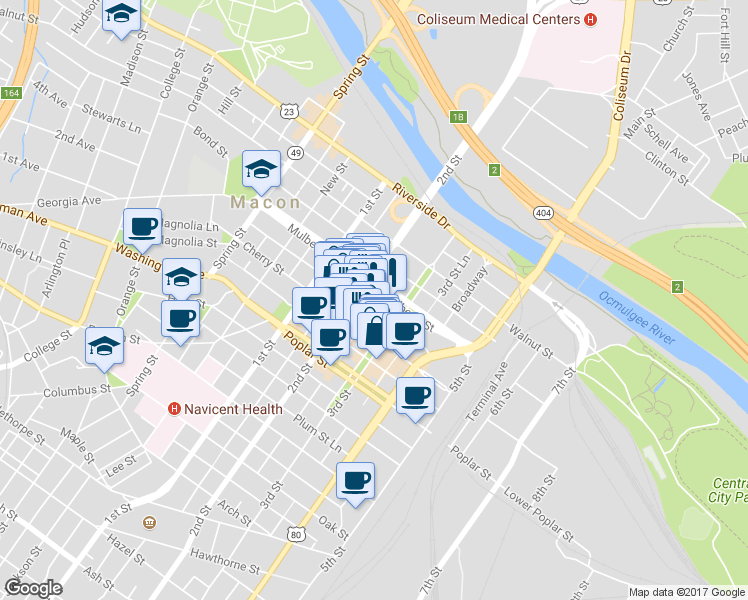 map of restaurants, bars, coffee shops, grocery stores, and more near 564 Mulberry Street in Macon