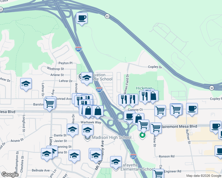 map of restaurants, bars, coffee shops, grocery stores, and more near 6460 Convoy Court in San Diego